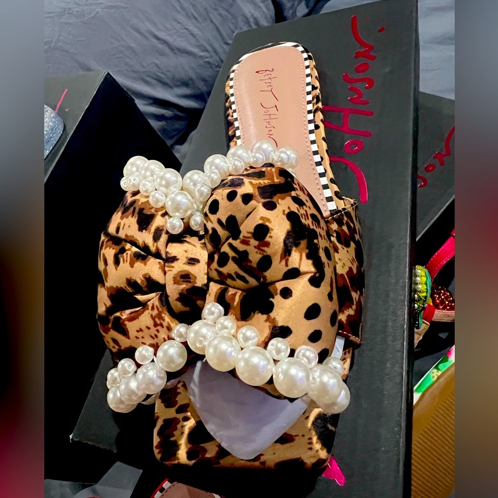 Betsey Johnson Leopard Print Sandals with Pearl Accents